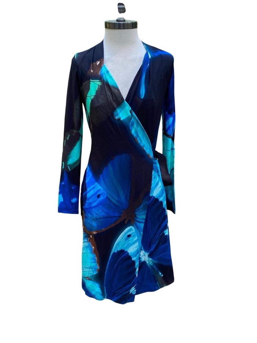 Blue Butterfly-Print Wrap Dress